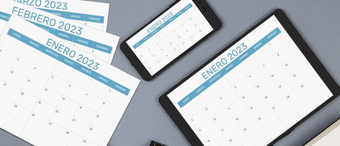 Descarga gratis el calendario mensual 2023 en PDF y JPG para imprimir, diseño minimalista para planificación mensual.