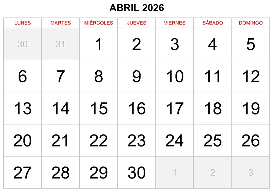 Calendario abril 2026 formato clásico para imprimir