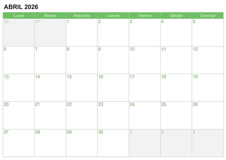 Calendario abril 2026 para escribir e imprimir