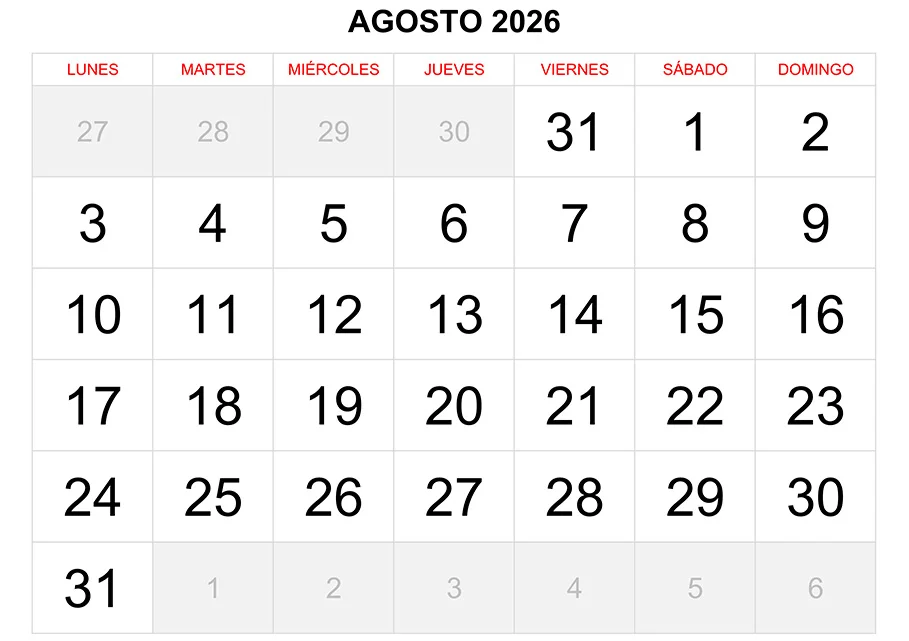 Calendario agosto 2026 formato clásico para imprimir Calendario agosto 2026 formato clásico para imprimir