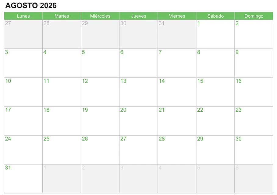 Calendario agosto 2026 para escribir e imprimir Calendario agosto 2026 para escribir e imprimir
