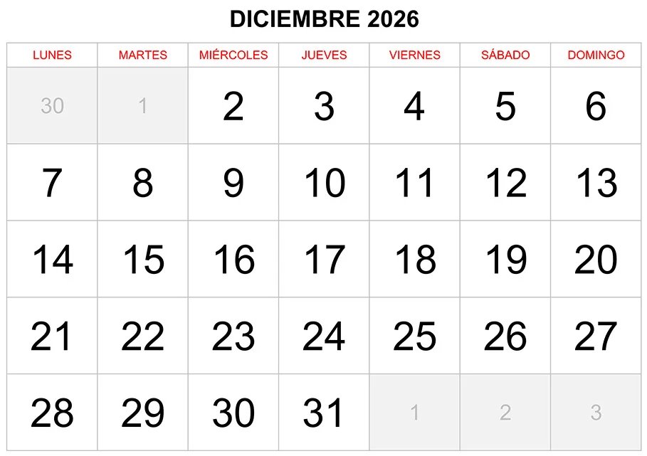 Calendario diciembre 2026 formato clásico para imprimir Calendario diciembre 2026 formato clásico para imprimir