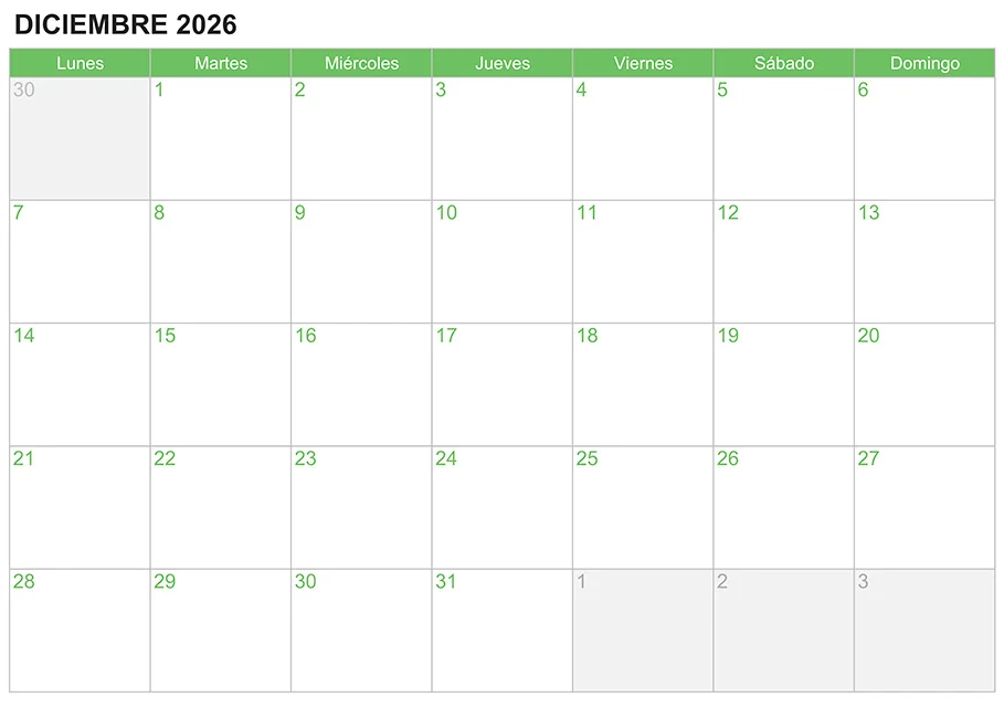Calendario diciembre 2026 para escribir e imprimir Calendario diciembre 2026 para escribir e imprimir