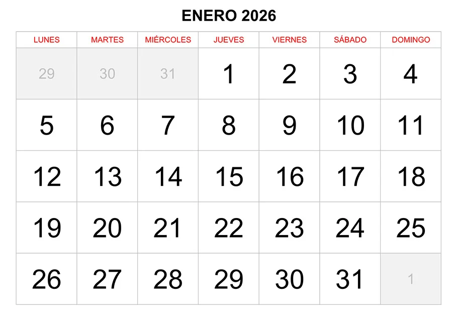 Calendario enero 2026 formato clásico para imprimir