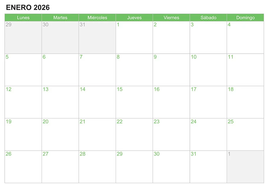 Calendario enero 2026 para escribir e imprimir