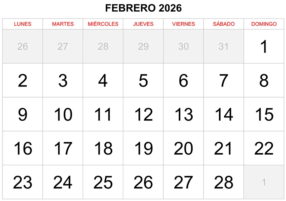 Calendario febrero 2026 formato clásico para imprimir Calendario febrero 2026 formato clásico para imprimir