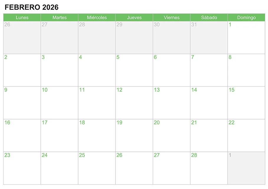 Calendario febrero 2026 para escribir e imprimir Calendario febrero 2026 para escribir e imprimir