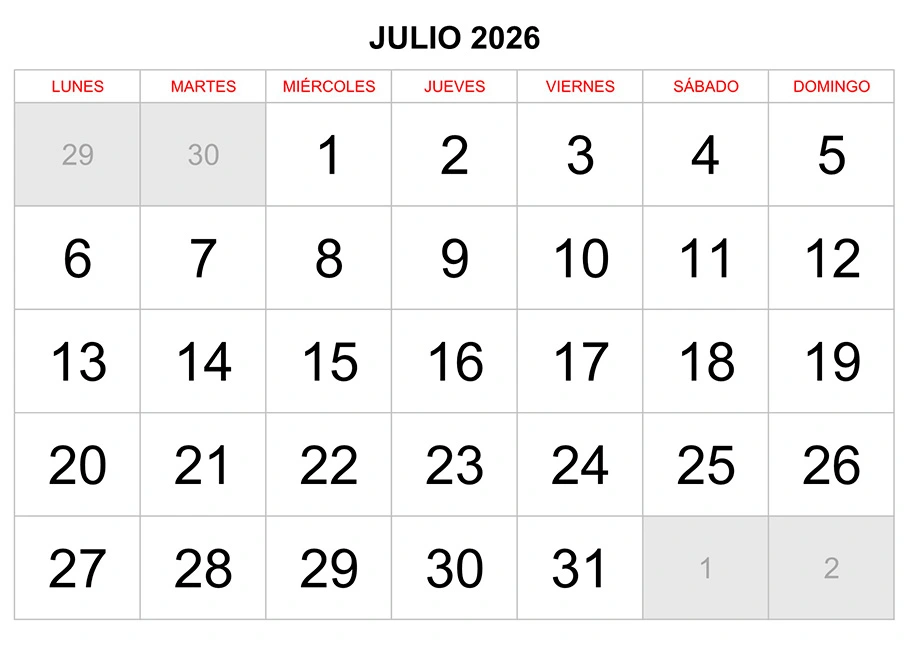 Calendario julio 2026 formato clásico para imprimir Calendario julio 2026 formato clásico para imprimir