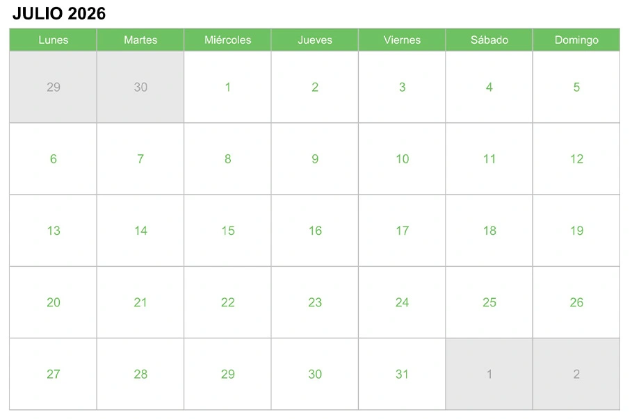 Calendario julio 2026 para escribir e imprimir Calendario julio 2026 para escribir e imprimir