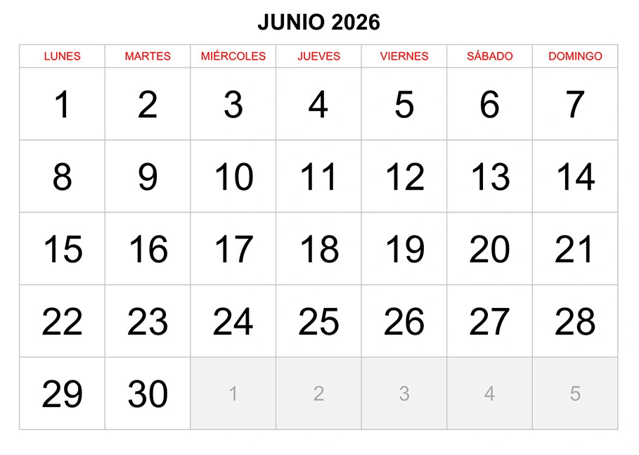 Calendario junio 2026 formato clásico para imprimir Calendario junio 2026 formato clásico para imprimir