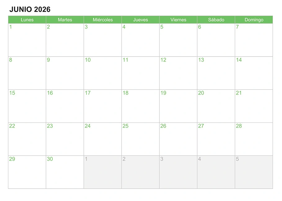 Calendario junio 2026 para escribir e imprimir Calendario junio 2026 para escribir e imprimir