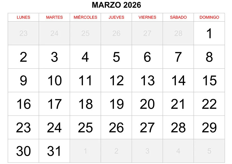 Calendario marzo 2026 formato clásico para imprimir Calendario marzo 2026 formato clásico para imprimir