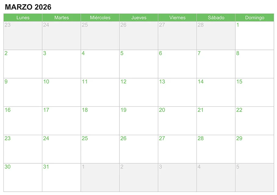 Calendario marzo 2026 para escribir e imprimir Calendario marzo 2026 para escribir e imprimir