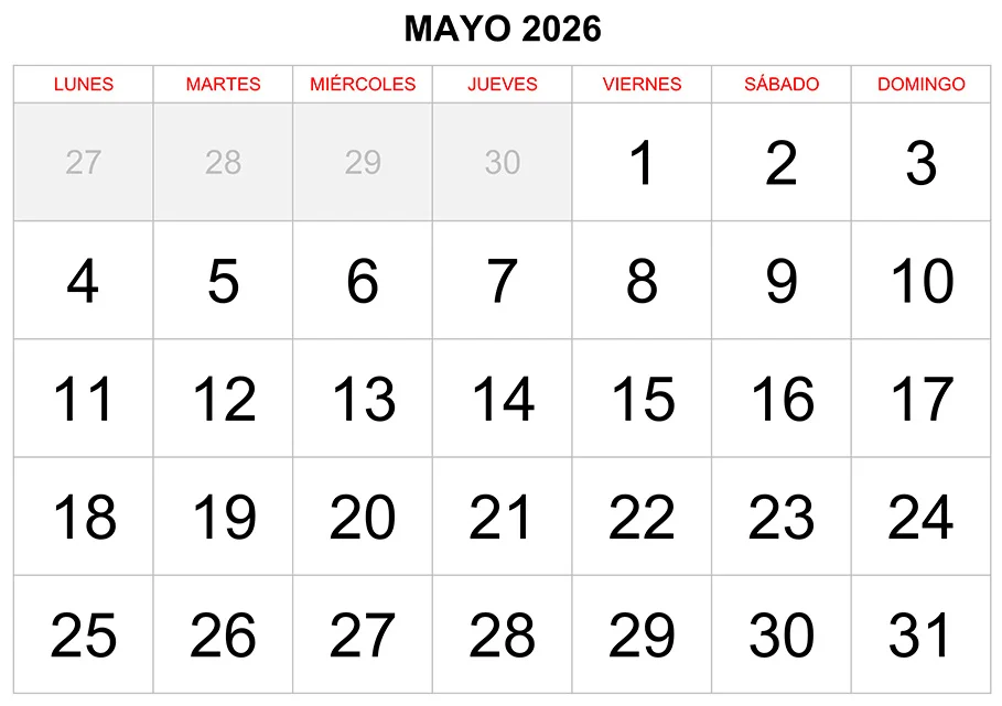 Calendario mayo 2026 formato clásico para imprimir