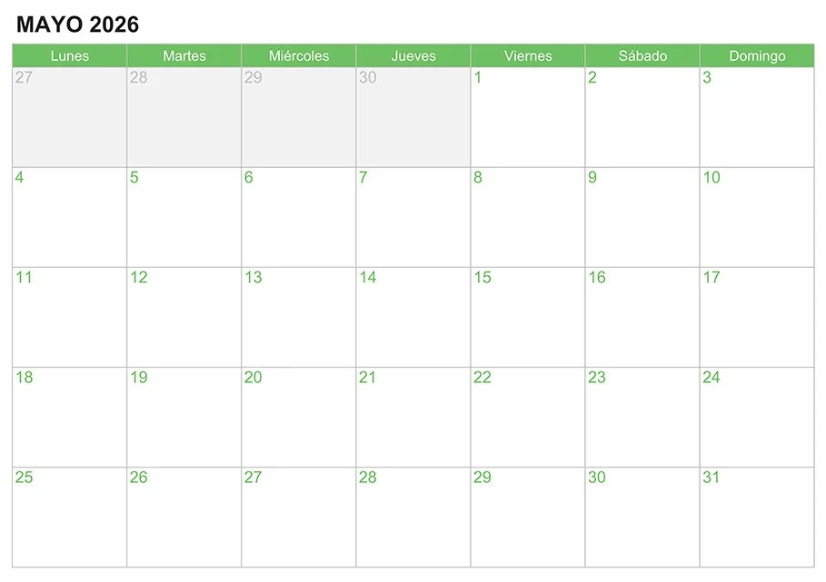 Calendario mayo 2026 para escribir e imprimir