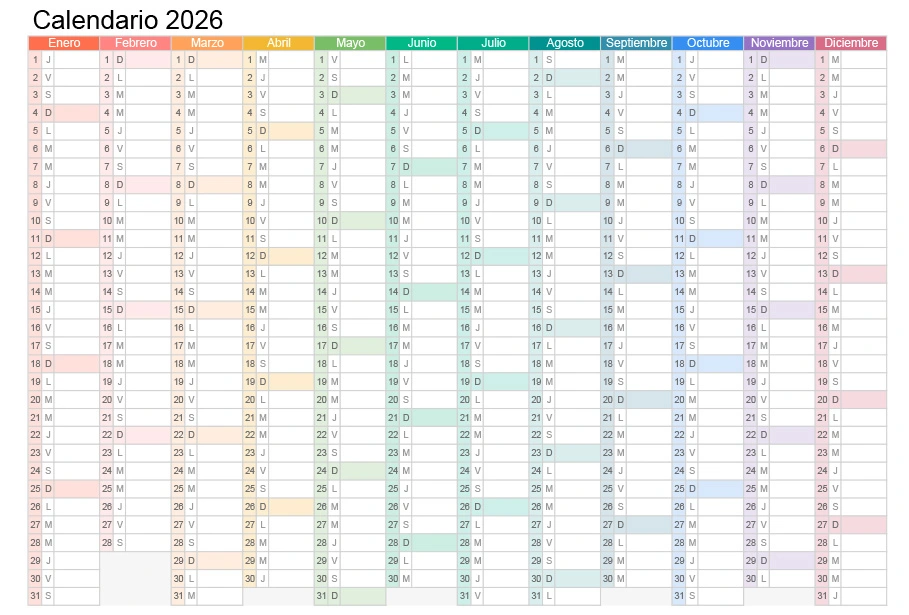 Calendario mensual 2026 con colores para imprimir