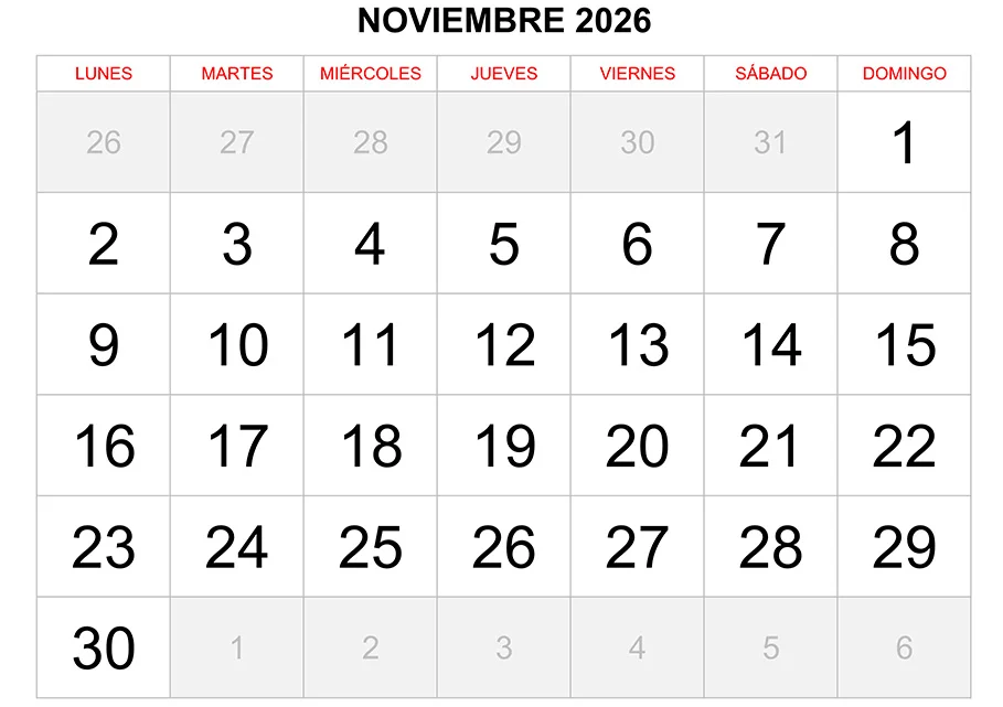 Calendario noviembre 2026 formato clásico para imprimir Calendario noviembre 2026 formato clásico para imprimir