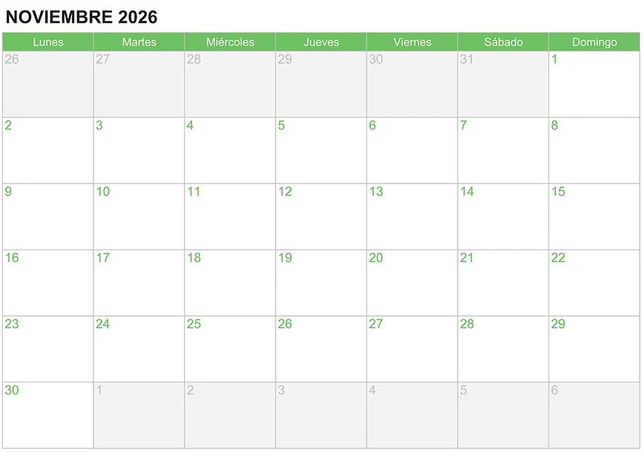 Calendario noviembre 2026 para escribir e imprimir Calendario noviembre 2026 para escribir e imprimir