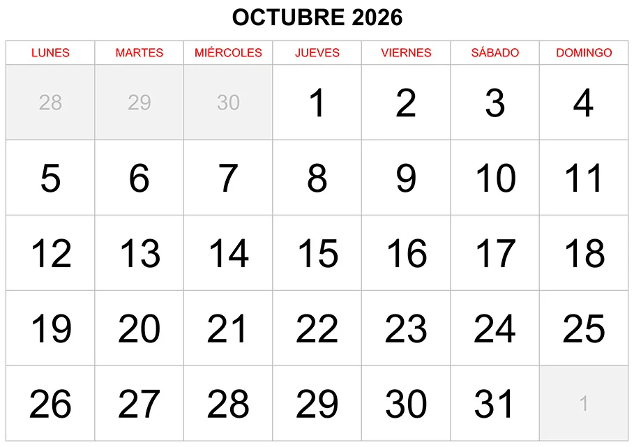 Calendario octubre 2026 formato clásico para imprimir Calendario octubre 2026 formato clásico para imprimir