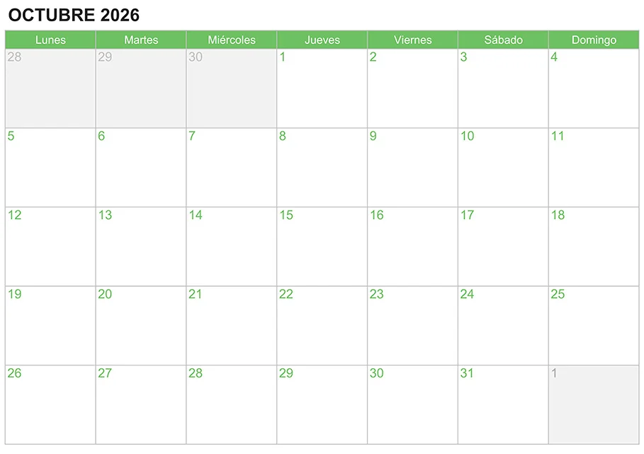 Calendario octubre 2026 para escribir e imprimir Calendario octubre 2026 para escribir e imprimir