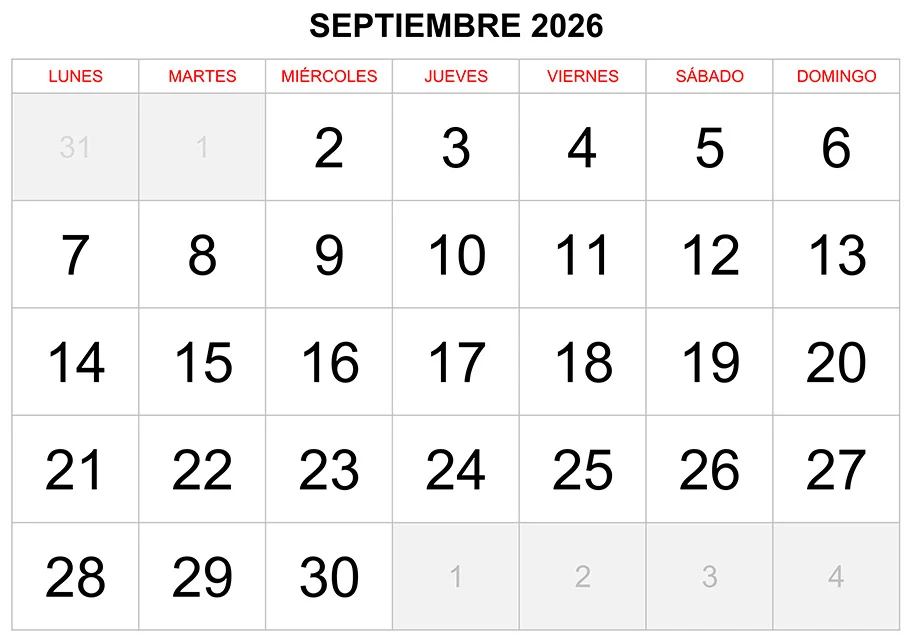 Calendario Septiembre 2026 Para Imprimir PDF JPG Y Excel Gratis Calendario Septiembre 2026 Para Imprimir PDF JPG Y Excel Gratis