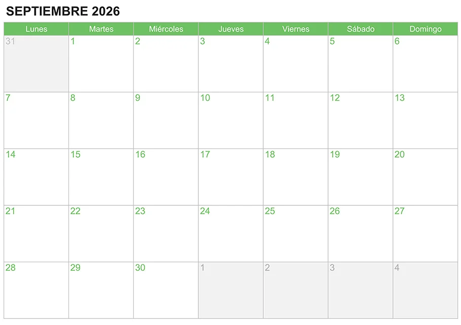 Calendario septiembre 2026 para escribir e imprimir Calendario septiembre 2026 para escribir e imprimir