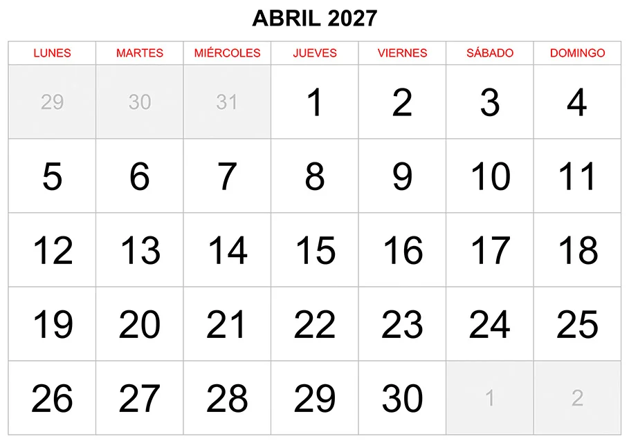 Calendario abril 2027 formato clásico para imprimir