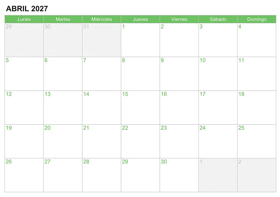 Calendario abril 2027 para escribir e imprimir