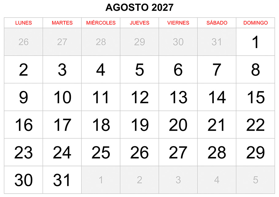 Calendario agosto 2027 formato clásico para imprimir