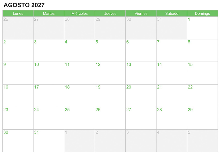 Calendario agosto 2027 para escribir e imprimir