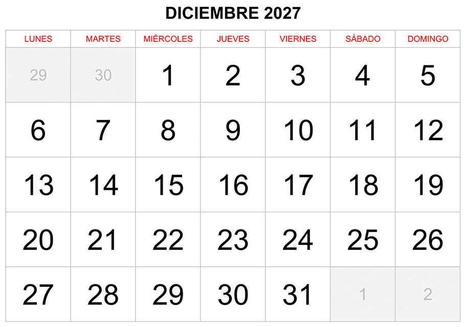 Calendario diciembre 2027 formato clásico para imprimir