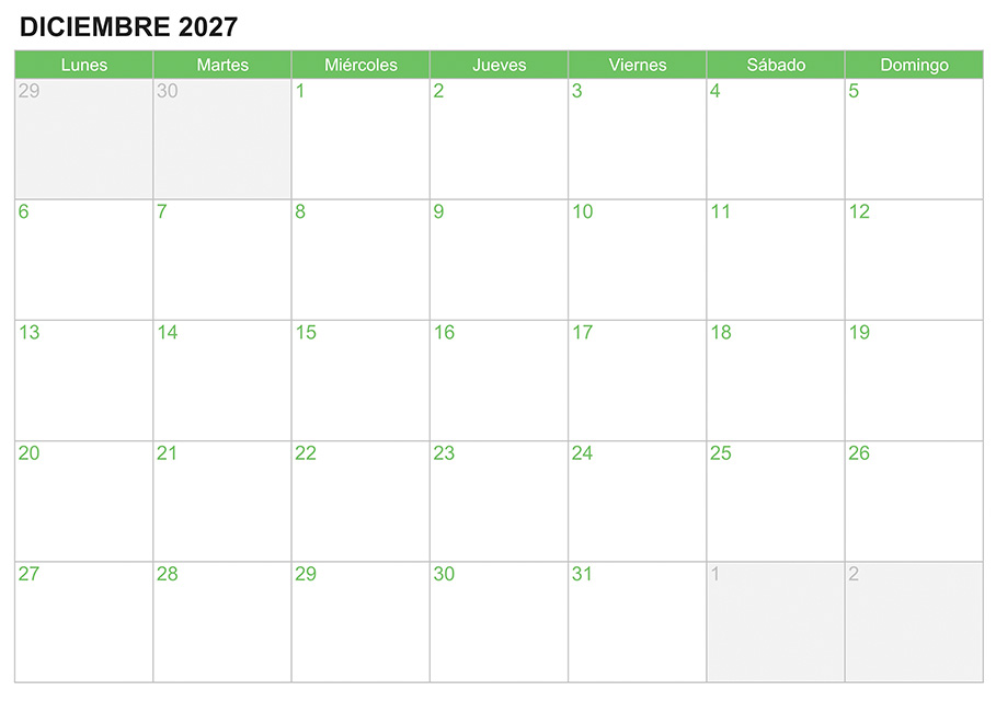 Calendario diciembre 2027 para escribir e imprimir