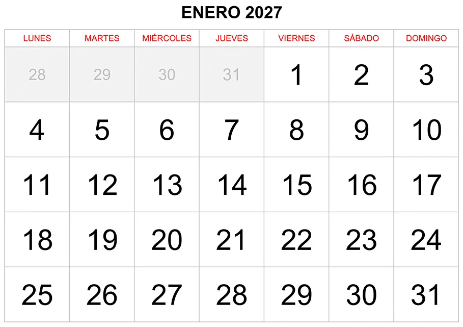 Calendario enero 2027 formato clásico para imprimir