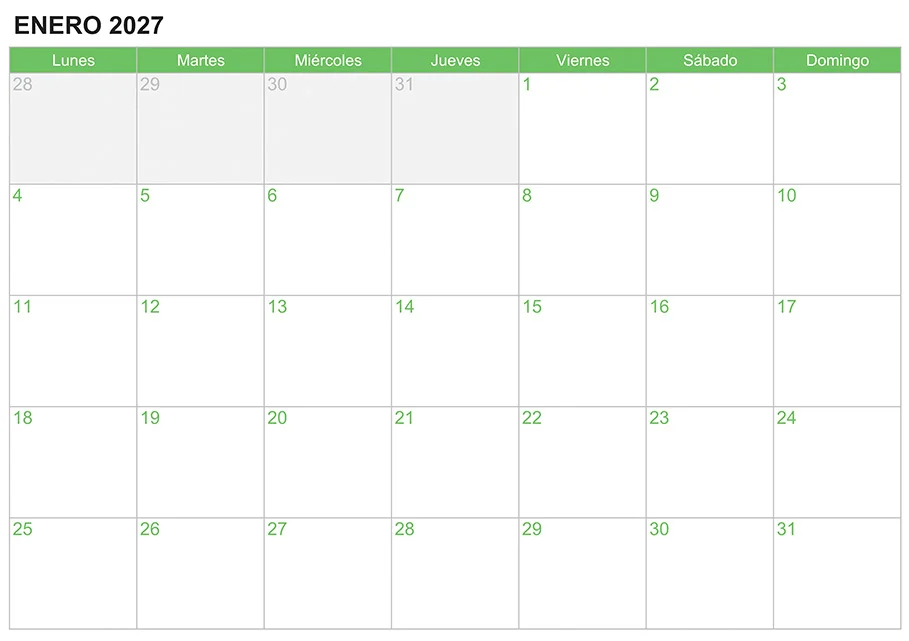 Calendario enero 2027 para escribir e imprimir