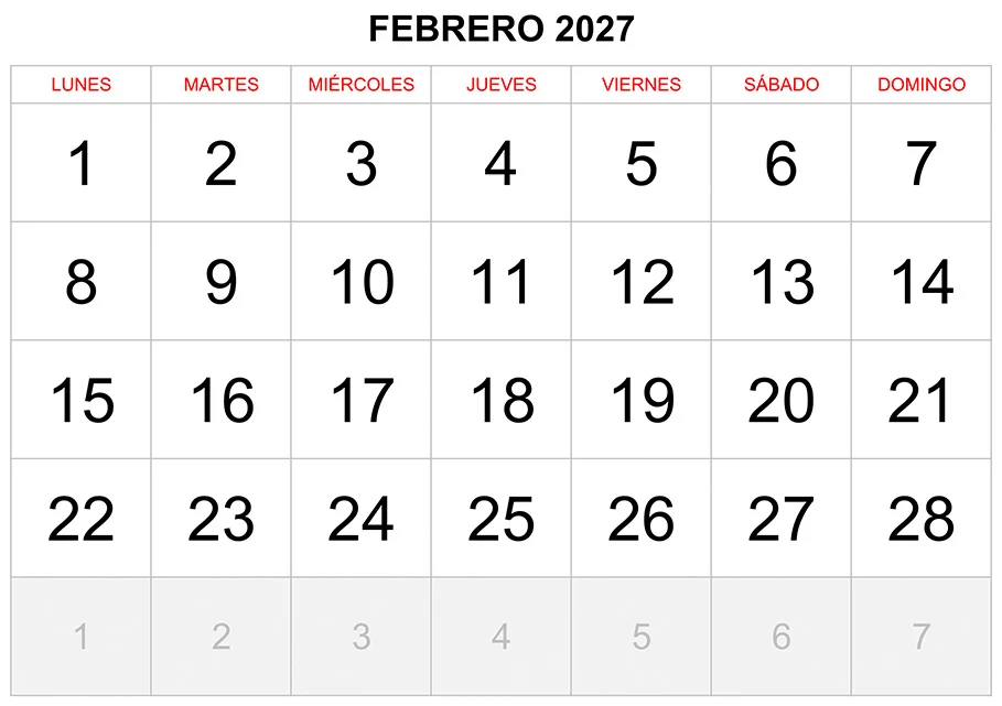 Calendario febrero 2027 formato clásico para imprimir Calendario febrero 2027 formato clásico para imprimir