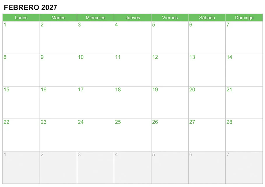 Calendario febrero 2027 para escribir e imprimir Calendario febrero 2027 para escribir e imprimir