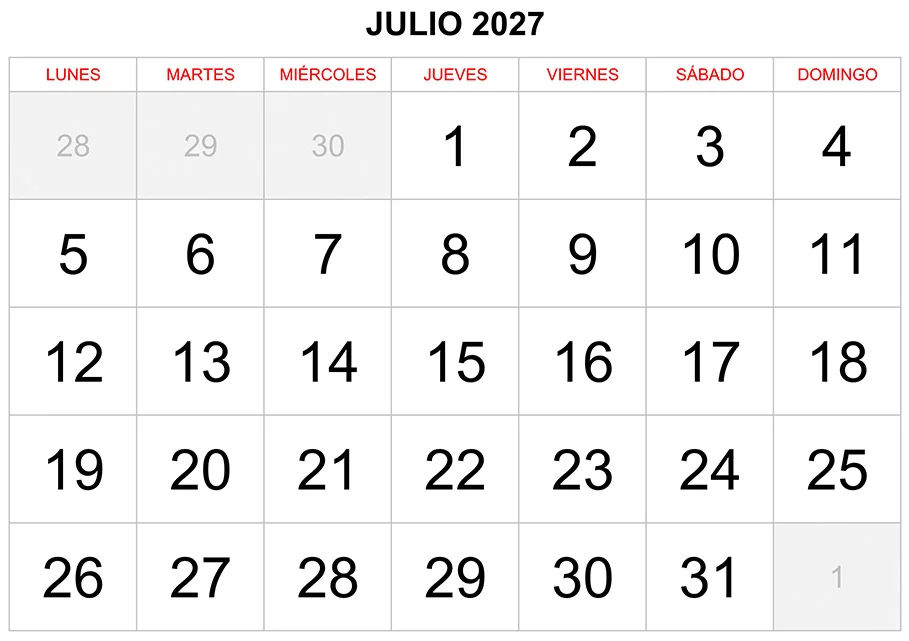 Calendario julio 2027 formato clásico para imprimir