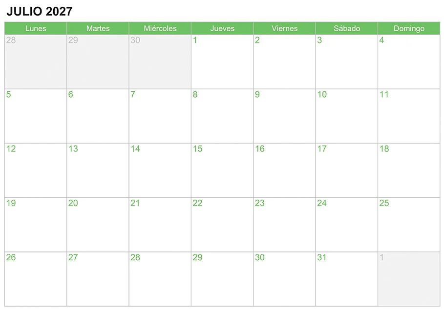Calendario julio 2027 para escribir e imprimir