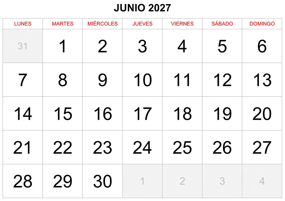 Calendario junio 2027 formato clásico para imprimir