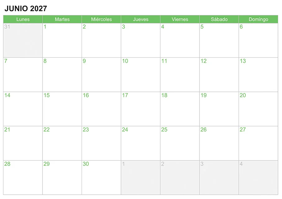 Calendario junio 2027 para escribir e imprimir