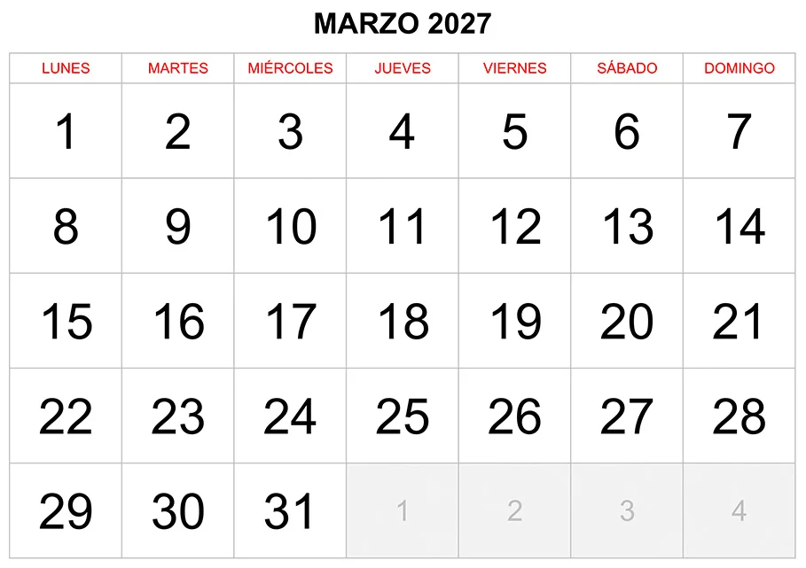 Calendario marzo 2027 formato clásico para imprimir