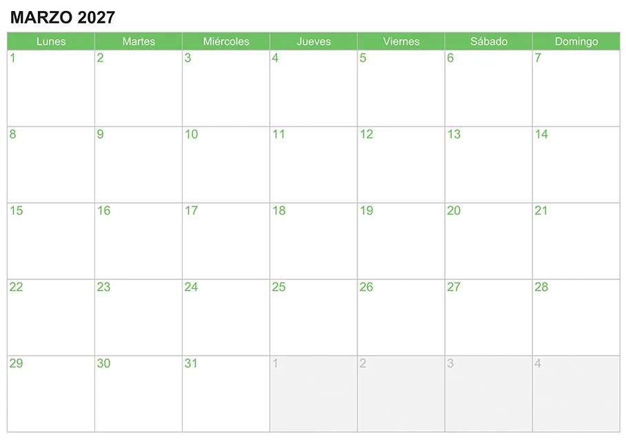 Calendario marzo 2027 para escribir e imprimir
