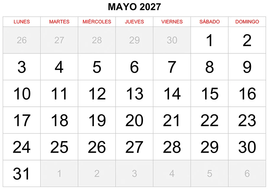 Calendario mayo 2027 formato clásico para imprimir