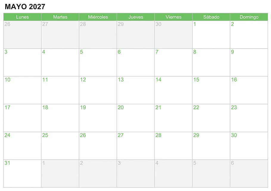 Calendario mayo 2027 para escribir e imprimir