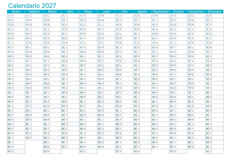 Calendario mensual 2027 en una sola hoja para imprimir