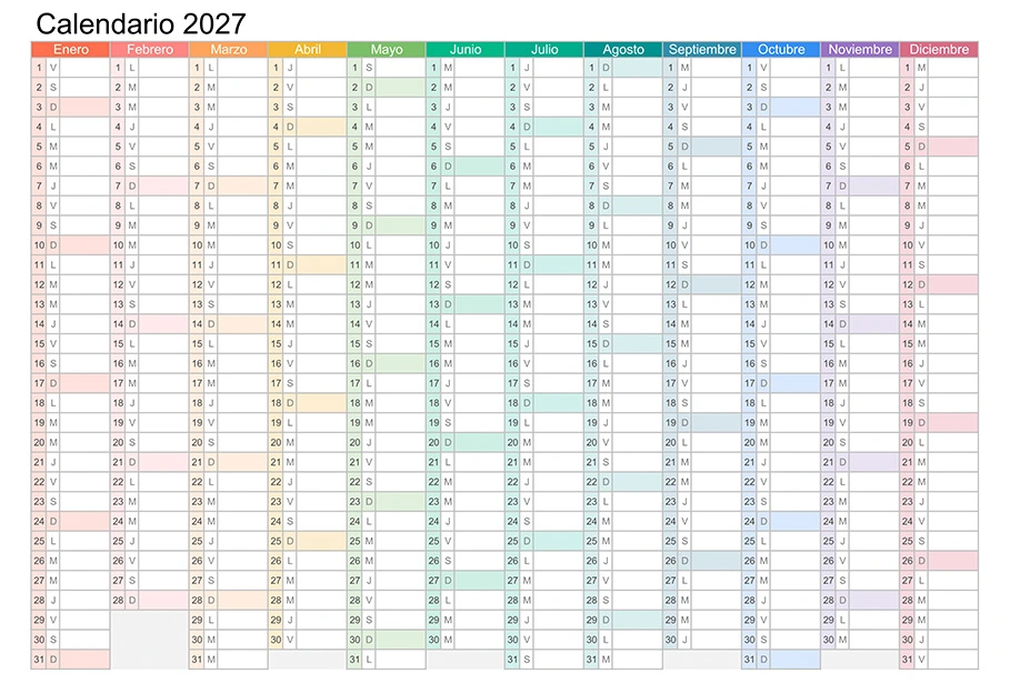 Calendario mensual 2027 con colores para imprimir