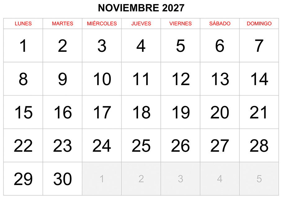Calendario noviembre 2027 formato clásico para imprimir