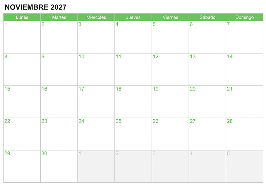 Calendario noviembre 2027 para escribir e imprimir