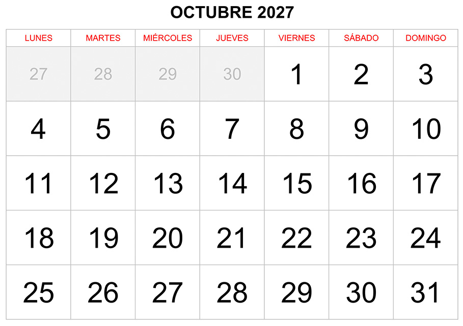 Calendario octubre 2027 formato clásico para imprimir Calendario octubre 2027 formato clásico para imprimir