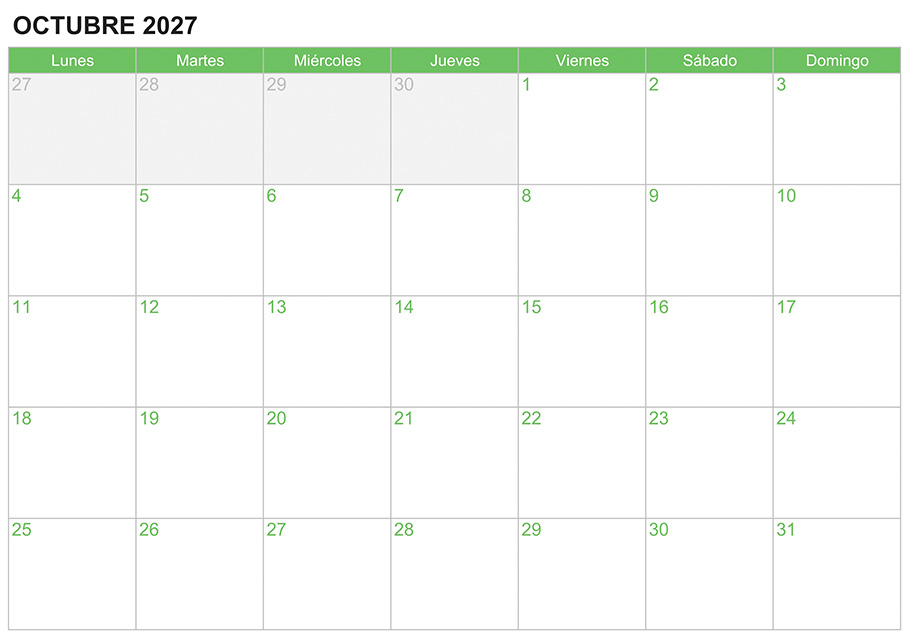 Calendario octubre 2027 para escribir e imprimir Calendario octubre 2027 para escribir e imprimir